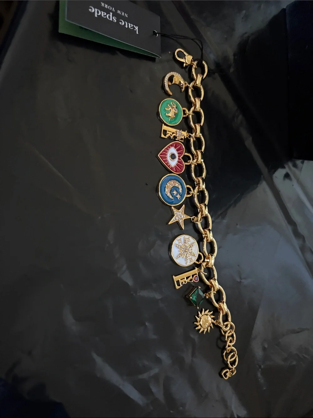 kate spade Gold-Tone Crystal & Mother-of-Pearl Evil Eye Heart Charm Bracelet - Picture 6 of 6